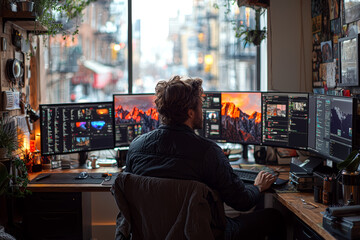 Poster - Photos showing productive remote work environments, complete with multiple monitors, gain traction online. Concept of productivity.