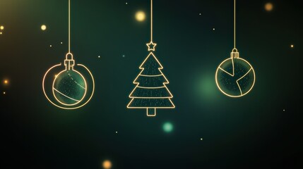Poster - This artwork features minimalist glowing outlines of Christmas trees and ornaments, creating a festive atmosphere on a dark backdrop. Generative AI