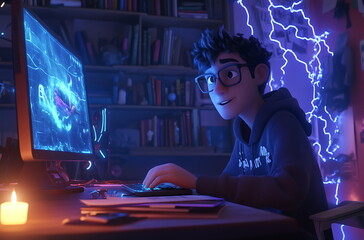 a young man with glasses in playing video game on his computer desktop, generative ai