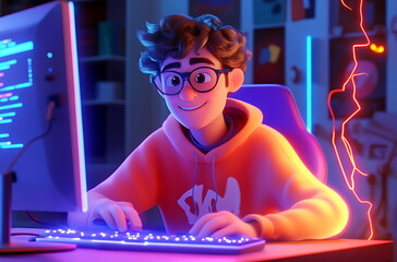 a young man with glasses in playing video game on his computer desktop, generative ai