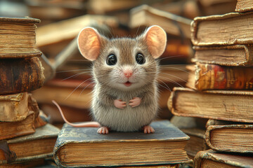 Poster - a mouse sitting in front of a pile of books illustrates the pressure of continuous learning. concept