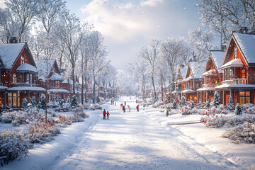 A neighborhood filled with children playing in the snow while parents chat and decorate the houses together captures the joy of community during Christmas. Concept of holiday spirit.