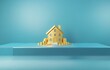 © joeycheung - A golden house model sits on a stack of gold coins against a light blue background.