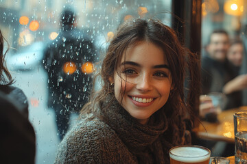 Wall Mural - A group of friends laughing in a warm cafe, contrasted with a person standing outside in the rain, reflects warmth and coldness in life. Concept of emotions in contrast.