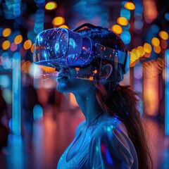 Poster - Futuristic woman engaging in virtual reality experience with network connections in a colorful digital environment