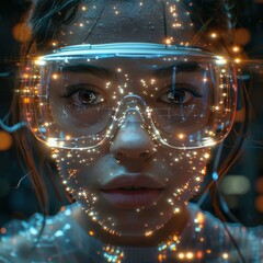 Poster - Futuristic woman engaged in virtual reality experience with dynamic network interactions
