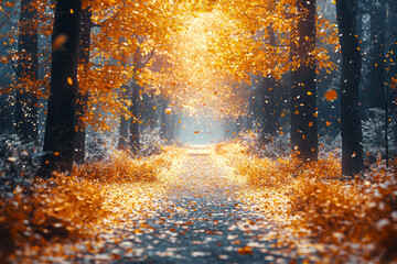 Wall Mural - A forest path covered in golden autumn leaves creates a nostalgic and peaceful scene of seasonal beauty. Concept of beauty in nature.