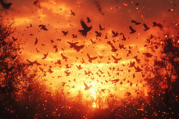 Wall Mural - a flock of birds flying across a fiery orange sky at sunset creates a scene of dynamic beauty and fr