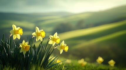 Sticker -   A cluster of sunny daffodils surrounded by emerald grass, with distant rolling hills in view