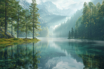 Poster - a crystal-clear lake reflecting the surrounding trees and sky creates a serene and mesmerizing image