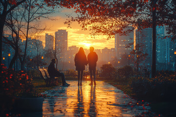 Aufkleber - a couple dancing in a park, while another person sits alone on a bench, reflects the contrast betwee