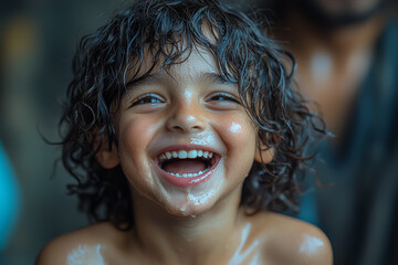 Aufkleber - A child laughing in the foreground while a person in the background silently sheds a tear illustrates the sharp contrast between joy and sorrow. Concept of emotions in contrast.