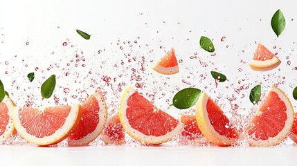 Poster -   Grapefruit halves with leaves & water splashing