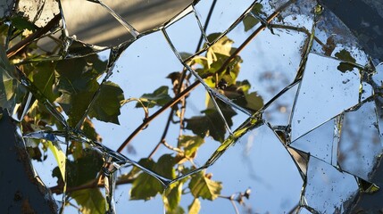 Poster -   A close-up of a mirror with a leafy plant in its reflective surface, surrounded by a blue sky