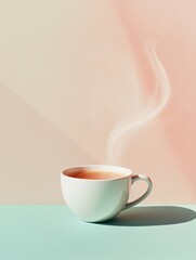 Poster - A tea cup on a surface emits gently curving steam, set against a soft pastel backdrop, creating a serene and calming atmosphere. Generative AI
