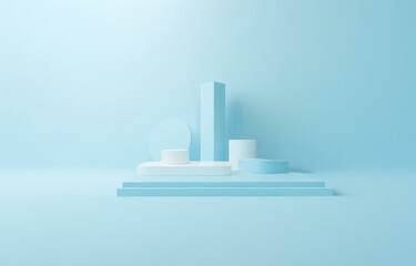 Aufkleber - A minimal blue geometric shapes scene with a white cylinder on a platform.