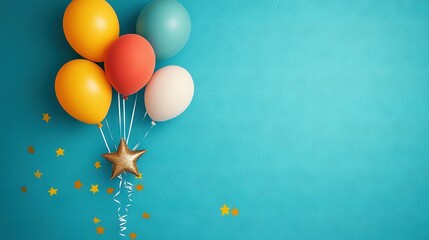 Sticker -   Blue background with a star, balloons, confetti, and confetti wands