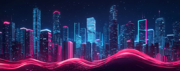 Abstract background with light beams and glowing lines in shades of dark blue, pink, and purple. Big data visualization. Digital technology concept.