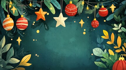 Poster -   A Christmas Background with Ornaments and Stars Hanging from a Line of Lights and Garlands on a Dark Green Background