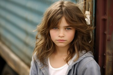 Sticker - Portrait of a beautiful little girl with long hair, outdoor.