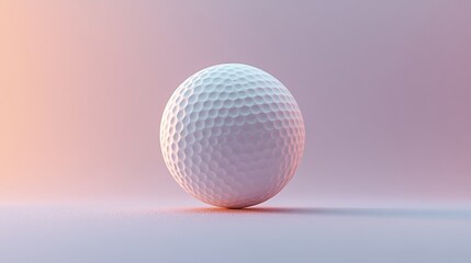 3D rendered white golf ball, soft pink lighting from above, detailed dimples, floating in mid-air over a gray backdrop. Golf ball in mid-air, 3D realism, pink light