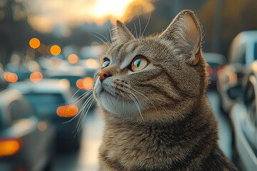 Aufkleber - a cat stuck in a traffic jam reflects the frustration of modern transportation. concept of animals i