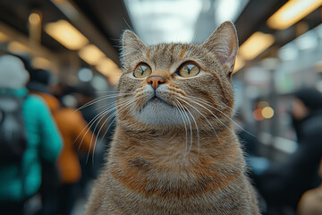 Wall Mural - a cat standing in a crowded subway train, looking tired, reflects the fatigue of city commuting. con