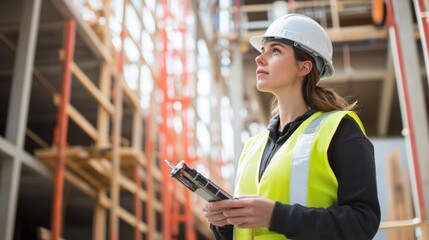 Poster - A female safety officer in a reflective vest and hard hat, holding a safety inspection tool with scaffolding and construction equipment in the background, Construction site scene