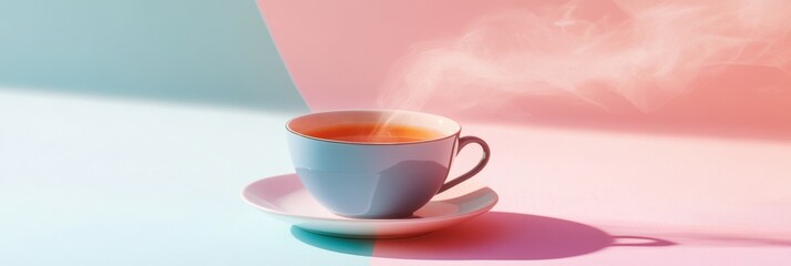 Poster - A warm cup of tea with gently rising steam sits elegantly on a saucer, illuminated by soft pastel colors in a serene environment. Generative AI