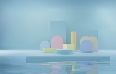 Aufkleber - abstract pastel colored geometric shapes on a platform above blue water.