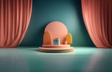 Aufkleber - A single gift box sits on a tiered platform in front of a teal wall, framed by pink curtains.