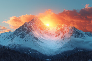 Poster - a bright sunrise lighting up one side of a mountain while the other side remains in darkness shows t