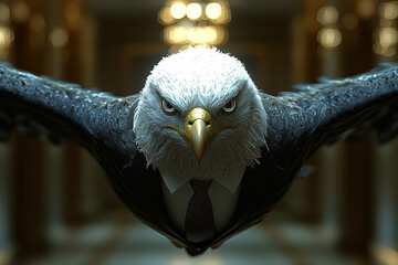 Aufkleber - A bird in a suit and tie, flying through office corridors, represents the pressures of corporate life. Concept of animals in human roles.