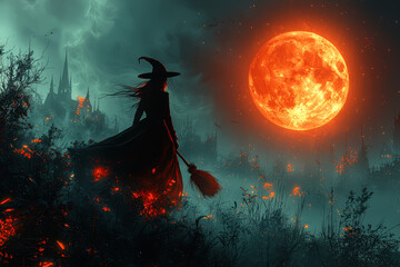 Wall Mural - a blood moon shining over a dark forest, with the silhouette of a witch flying on her broomstick, se