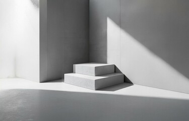 Aufkleber - Two white, rectangular blocks are positioned against a white wall. One block sits atop the other in a corner, with sunlight casting shadows across the scene.