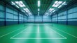 © aubriella - A vibrant indoor badminton court with green flooring, white boundary lines, and overhead lighting
