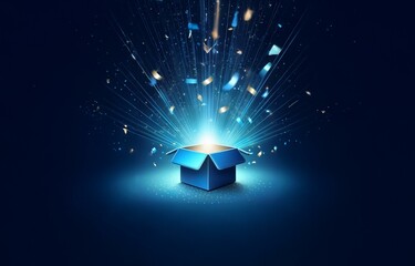 Canvas Print - a blue gift box open with a bright light bursting out, surrounded by golden and blue confetti on a d