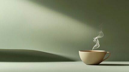 Poster - Steam gracefully rises from a tea cup positioned against a soft green backdrop, creating a serene atmosphere perfect for relaxation. Generative AI