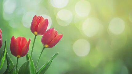 Poster -   Three red tulips with water droplets on them in front of a green background