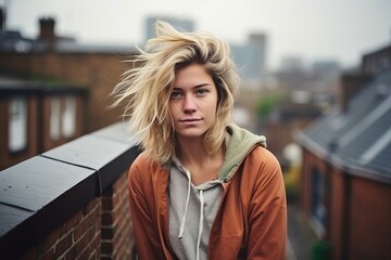 Sticker - Portrait of a beautiful young woman with wind blowing her hair in the city