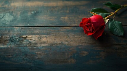 Canvas Print -   A solitary crimson rose atop a wooden table alongside a container of wine and a glass filled with wine