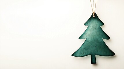 Sticker -   A green wooden Christmas tree ornament dangles from a string against a white background