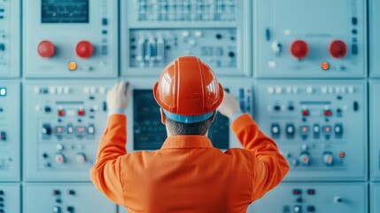 Poster - Worker monitoring control panel, overseeing fuel processing operations
