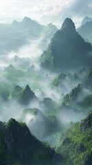 Wall Mural -  An aerial view of a mountain range covered in fog and low-lying clouds in the foreground, with a bird's eye perspective of the mountain range