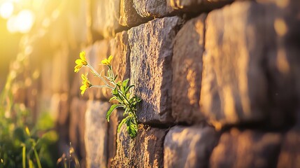 Poster -   A macro image of a plant emerging from a stone wall, with sunlight illuminating the background rocks