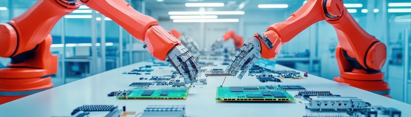Fototapete - Robotic arms in perfect sync assembling circuit boards, highangle view, soft fluorescent lighting, ultraclean space