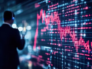Poster - Red stock market graph with dramatic drop on screen close up, focus on, copy space vivid color contrast and sharp descent Double exposure silhouette with corporate executive
