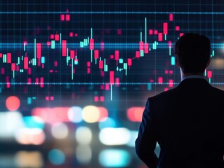 Poster - Red stock market graph with dramatic drop on screen close up, focus on, copy space vivid color contrast and sharp descent Double exposure silhouette with corporate executive