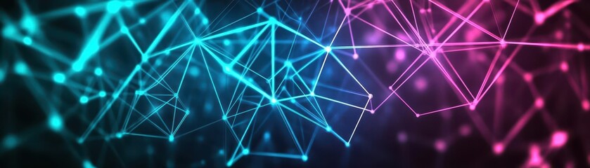 Aufkleber - Neon triangles and hexagons forming an intricate web, glowing in cyan and fuchsia against a dark background, abstract geometric, high definition