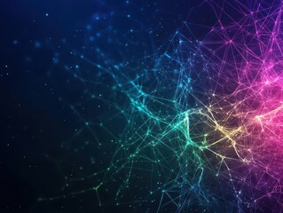 Poster - Neon light streaks in rainbow hues forming a chaotic web against a dark background, glowing intensely, abstract, futuristic explosion